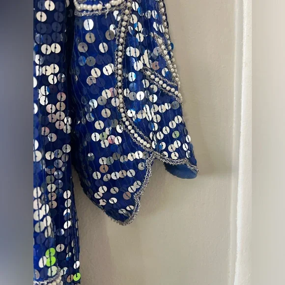 Vintage Blue Sequin Beaded Silk Dress Art Deco Midi Party Formal - Picture 6 of 16